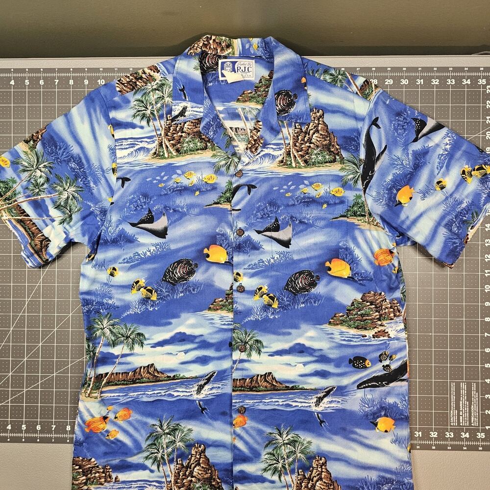 RJC Ltd Hawaiian Shirt Large USA Blue Beach Floral Coral Fish 50s Style Surfer